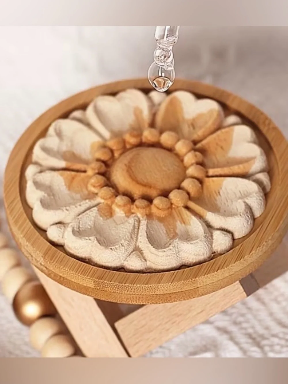 3-1/4” Oil Diffuser Carved Wood Flower Wood - Natural Cream